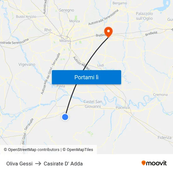 Oliva Gessi to Casirate D' Adda map