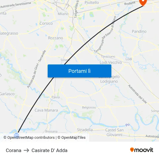 Corana to Casirate D' Adda map