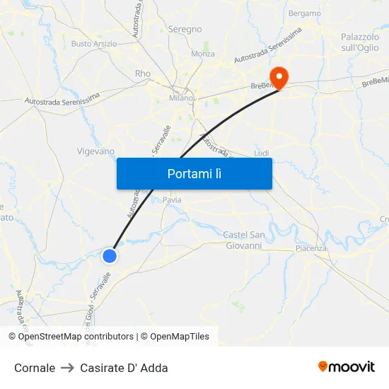 Cornale to Casirate D' Adda map