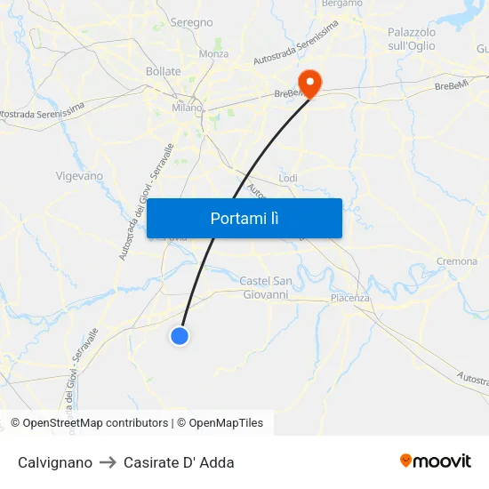 Calvignano to Casirate D' Adda map
