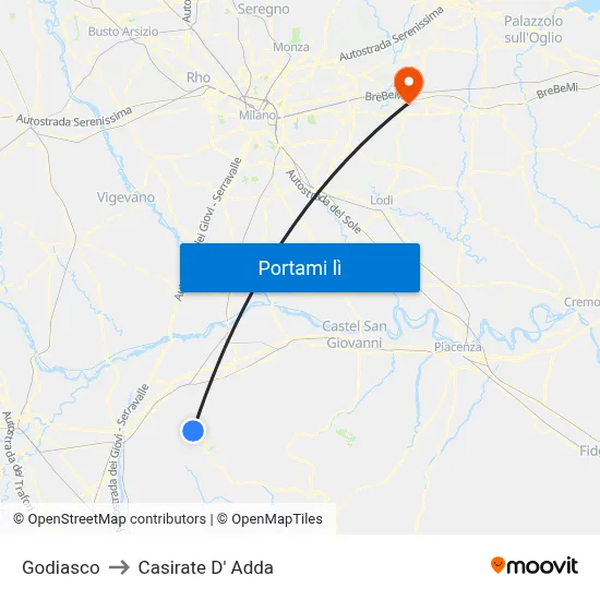Godiasco to Casirate D' Adda map