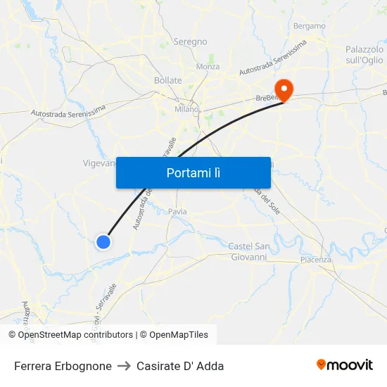 Ferrera Erbognone to Casirate D' Adda map