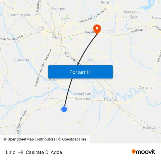 Lirio to Casirate D' Adda map