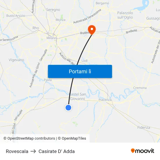 Rovescala to Casirate D' Adda map