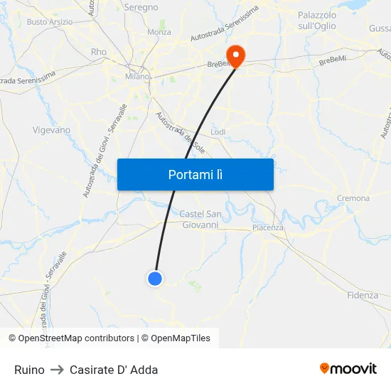 Ruino to Casirate D' Adda map