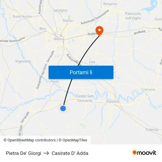 Pietra De' Giorgi to Casirate D' Adda map