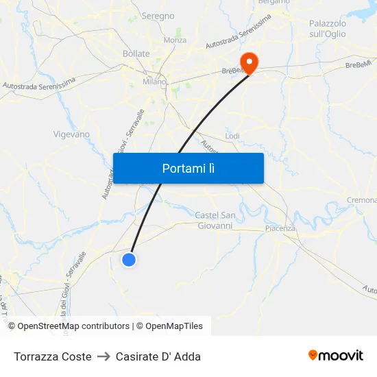 Torrazza Coste to Casirate D' Adda map