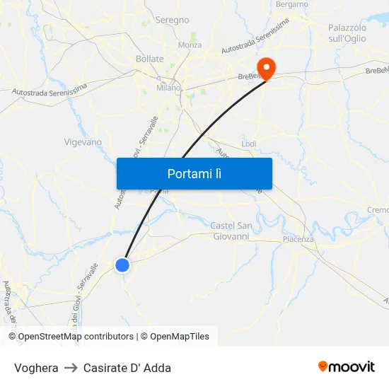 Voghera to Casirate D' Adda map
