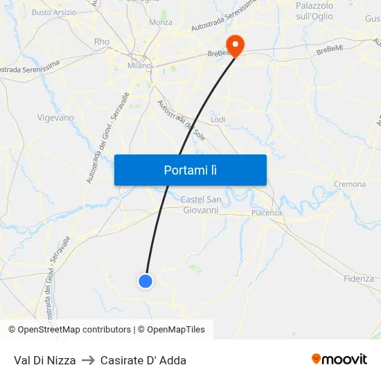 Val Di Nizza to Casirate D' Adda map