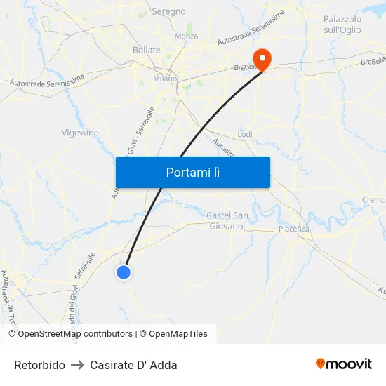 Retorbido to Casirate D' Adda map