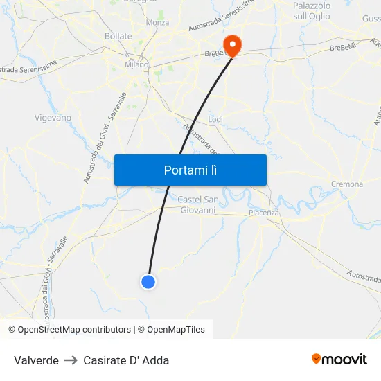 Valverde to Casirate D' Adda map