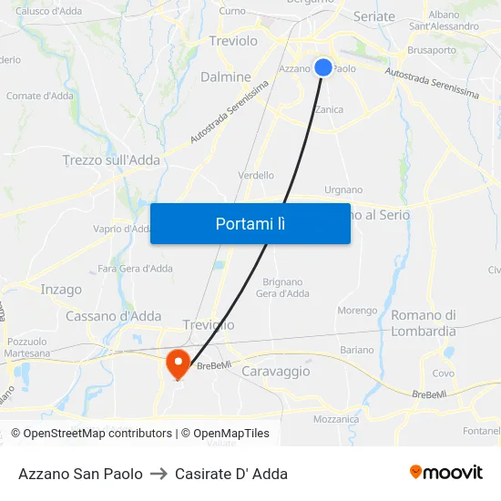 Azzano San Paolo to Casirate D' Adda map