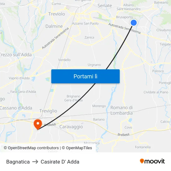 Bagnatica to Casirate D' Adda map