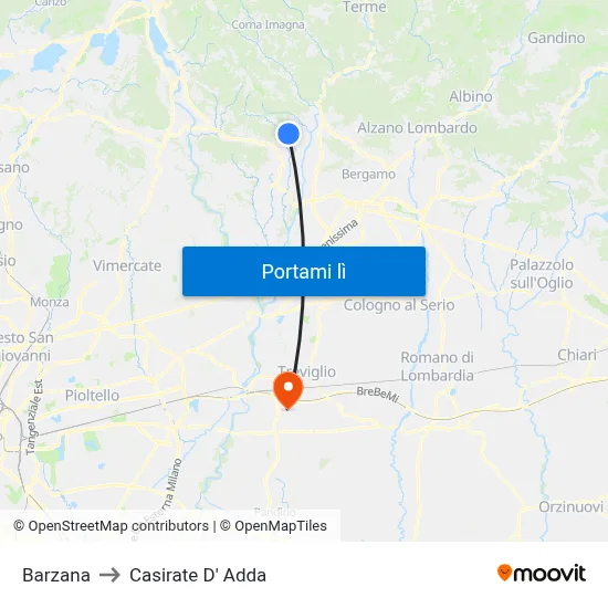 Barzana to Casirate D' Adda map