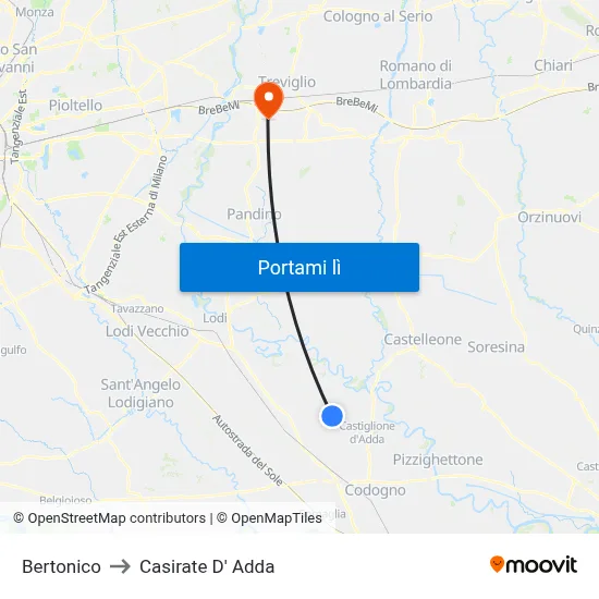 Bertonico to Casirate D' Adda map