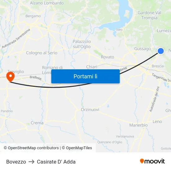 Bovezzo to Casirate D' Adda map