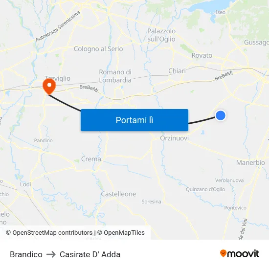 Brandico to Casirate D' Adda map