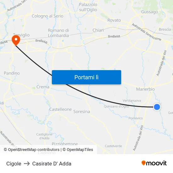 Cigole to Casirate D' Adda map