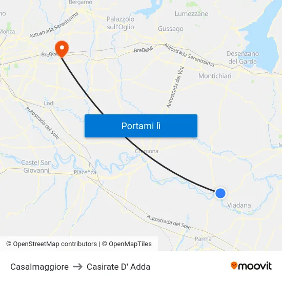 Casalmaggiore to Casirate D' Adda map