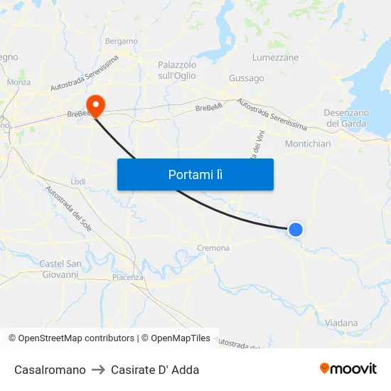 Casalromano to Casirate D' Adda map