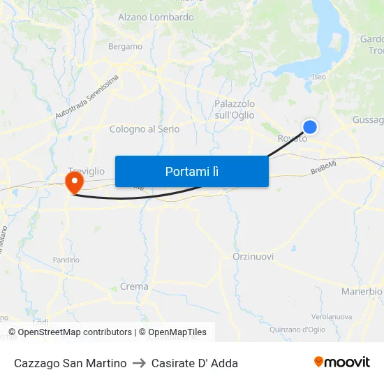 Cazzago San Martino to Casirate D' Adda map