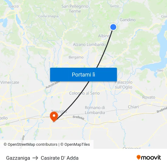 Gazzaniga to Casirate D' Adda map