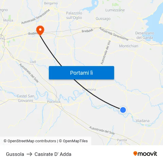 Gussola to Casirate D' Adda map