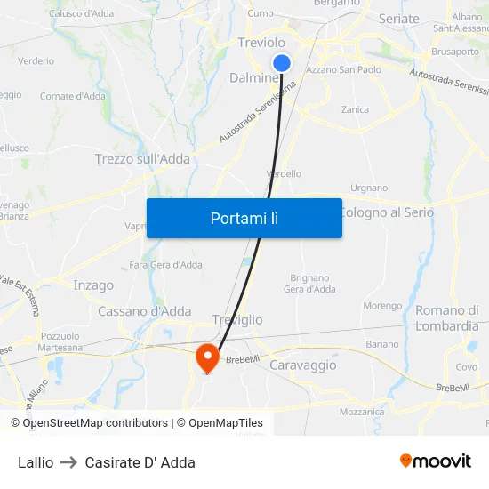 Lallio to Casirate D' Adda map
