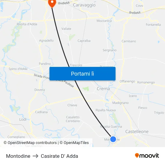 Montodine to Casirate D' Adda map