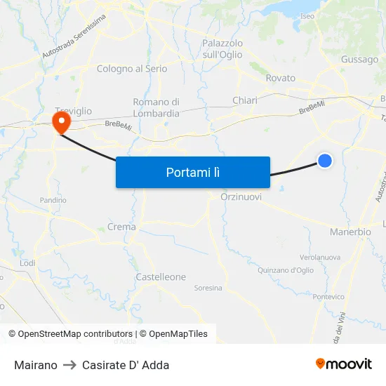 Mairano to Casirate D' Adda map