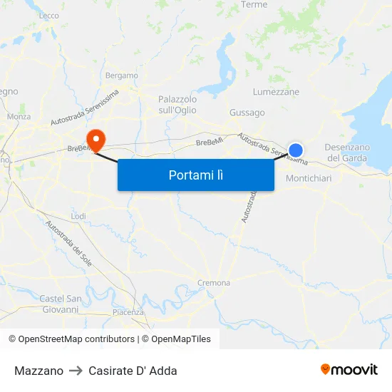 Mazzano to Casirate D' Adda map
