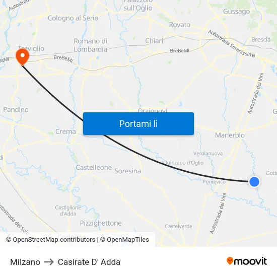 Milzano to Casirate D' Adda map