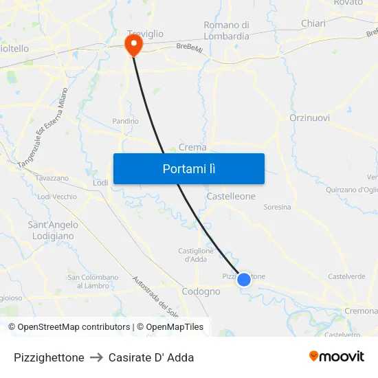 Pizzighettone to Casirate D' Adda map