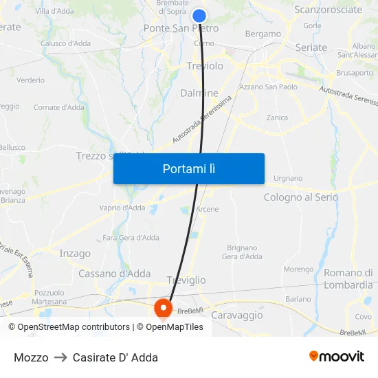 Mozzo to Casirate D' Adda map