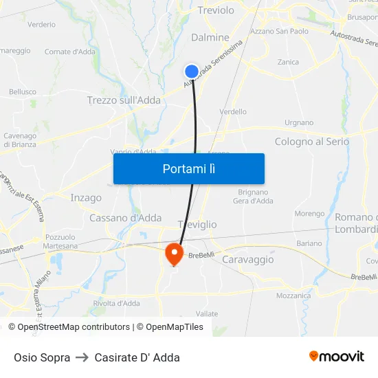 Osio Sopra to Casirate D' Adda map