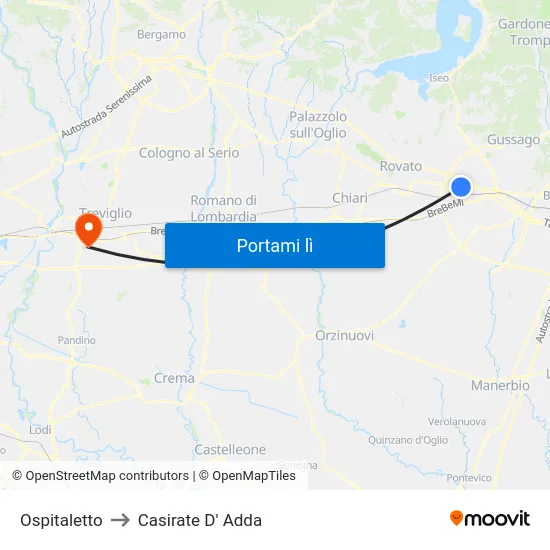 Ospitaletto to Casirate D' Adda map