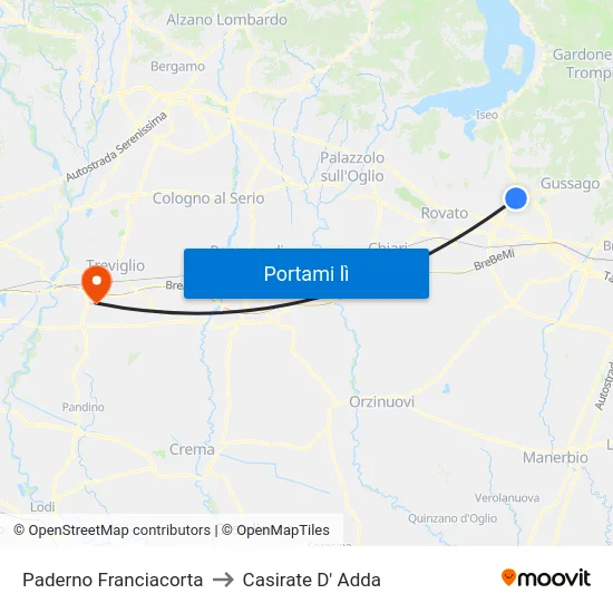 Paderno Franciacorta to Casirate D' Adda map