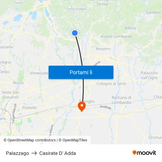 Palazzago to Casirate D' Adda map