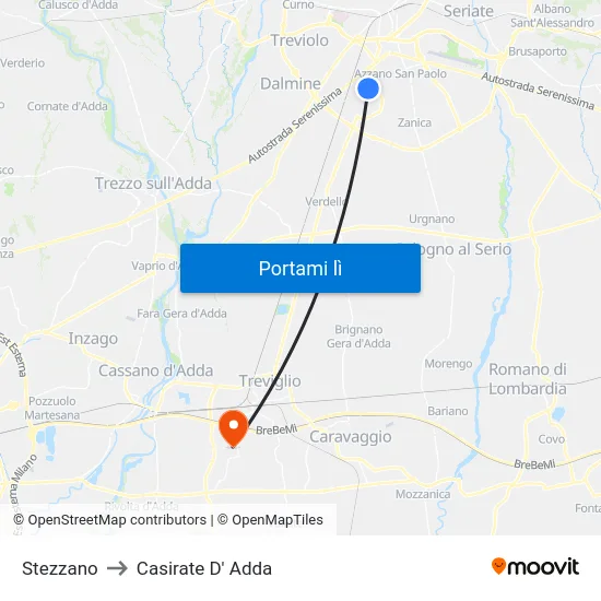 Stezzano to Casirate D' Adda map