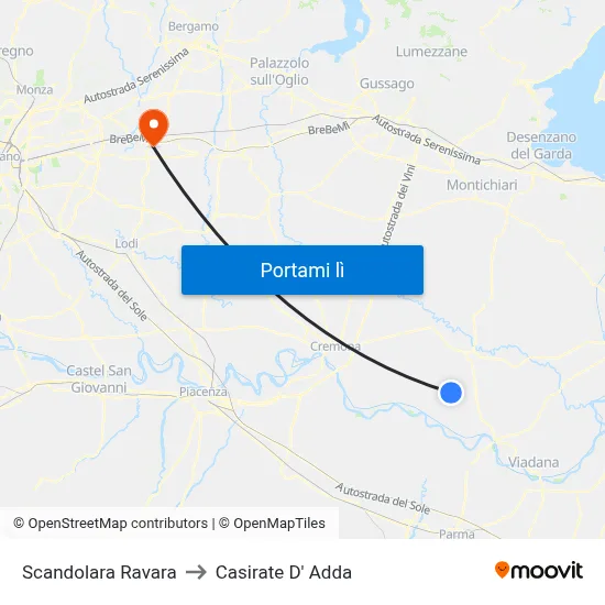 Scandolara Ravara to Casirate D' Adda map
