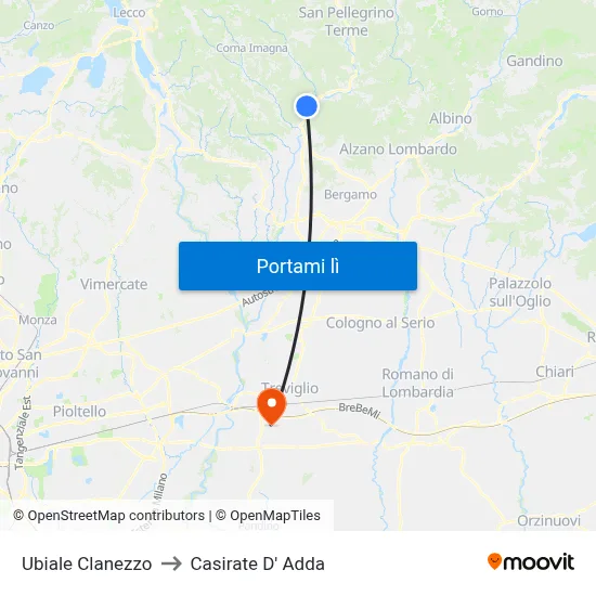 Ubiale Clanezzo to Casirate D' Adda map