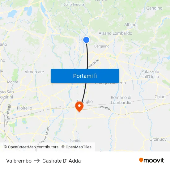 Valbrembo to Casirate D' Adda map