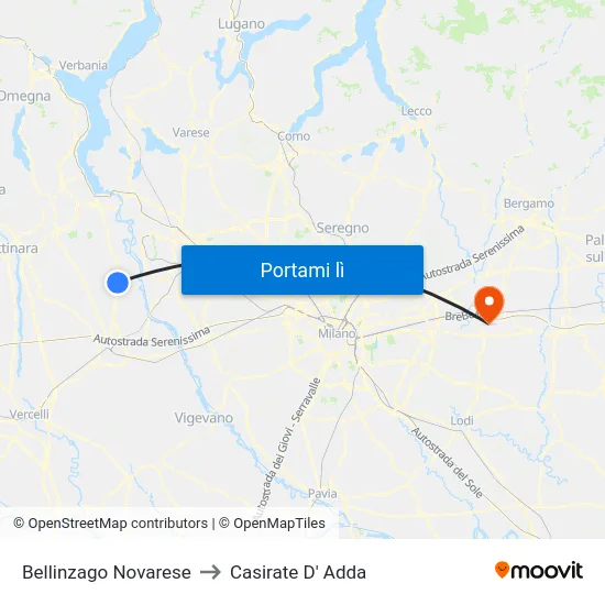 Bellinzago Novarese to Casirate D' Adda map