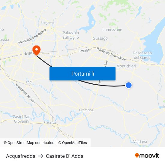 Acquafredda to Casirate D' Adda map