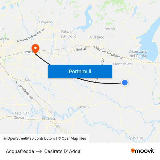 Acquafredda to Casirate D' Adda map