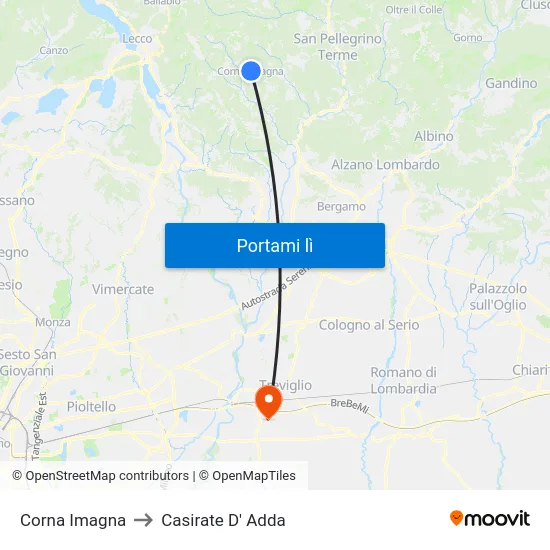 Corna Imagna to Casirate D' Adda map