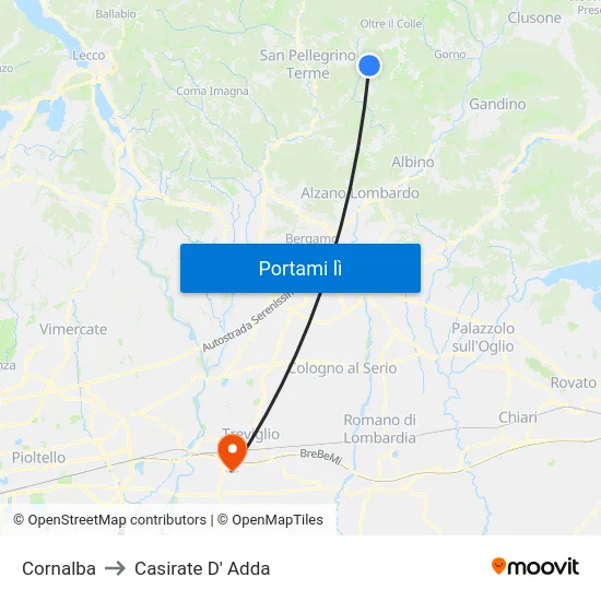 Cornalba to Casirate D' Adda map