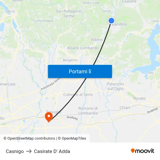 Casnigo to Casirate D' Adda map