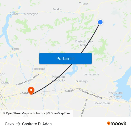 Cevo to Casirate D' Adda map
