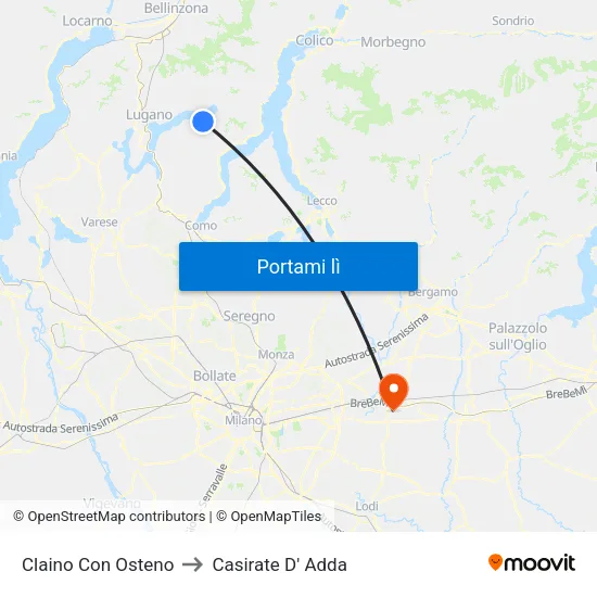 Claino Con Osteno to Casirate D' Adda map